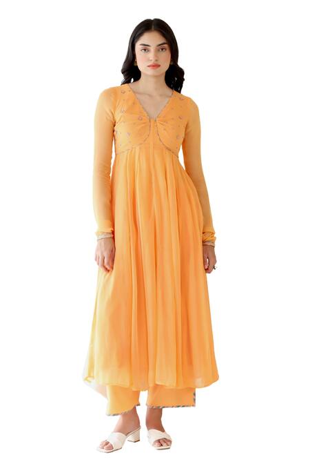 Buy Baise Gaba Orange Rayon, Chiffon Embroidery, Zesty Anarkali Set With Floral Print Dupatta Online at Aza Fashions Buy_Baise Gaba_Orange Rayon, Chiffon Embroidery, Zesty Anarkali Set With Floral Print Dupatta _Online_at_Aza_Fashions
