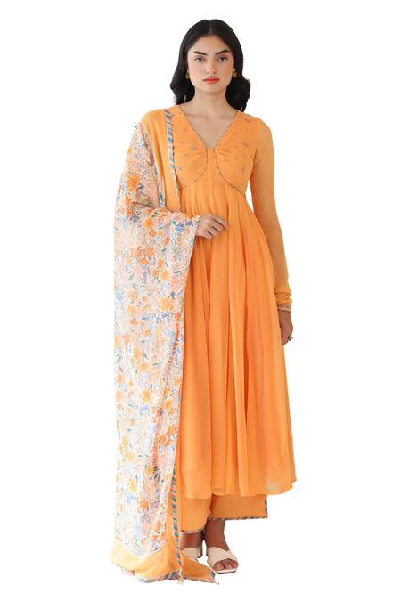 Shop Baise Gaba Orange Rayon, Chiffon Embroidery, Zesty Anarkali Set With Floral Print Dupatta Online at Aza Fashions Shop_Baise Gaba_Orange Rayon, Chiffon Embroidery, Zesty Anarkali Set With Floral Print Dupatta _Online_at_Aza_Fashions