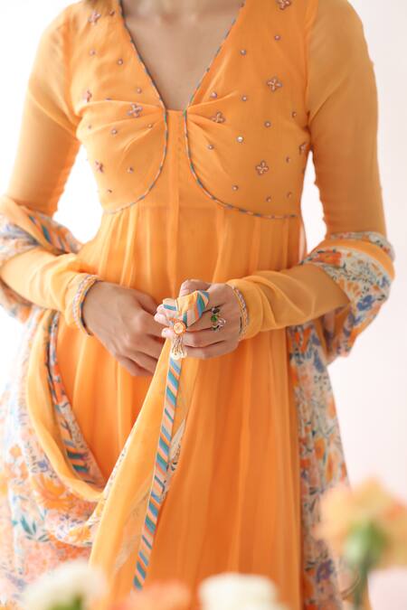 Shop Baise Gaba Orange Rayon, Chiffon Embroidery, Zesty Anarkali Set With Floral Print Dupatta Shop_Baise Gaba_Orange Rayon, Chiffon Embroidery, Zesty Anarkali Set With Floral Print Dupatta