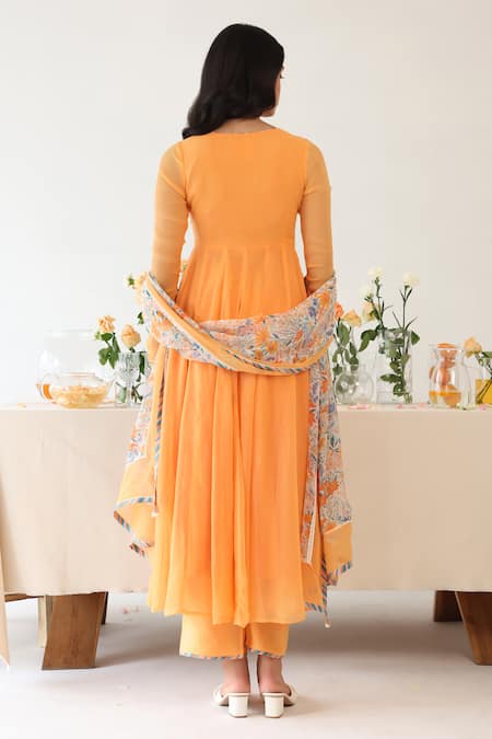 Shop_Baise Gaba_Orange Rayon Sequins, Embroidery V-neck Zesty Yoke Hand Anarkali _at_Aza_Fashions