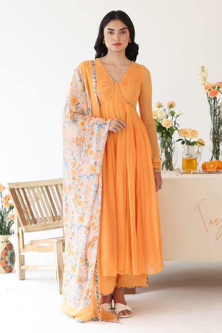 Baise Gaba_Orange Rayon Sequins, Embroidery V-neck Zesty Yoke Hand Anarkali _Online_at_Aza_Fashions