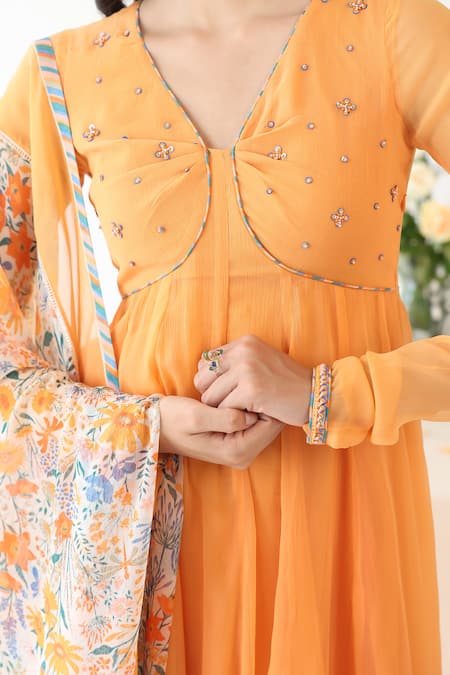 Buy_Baise Gaba_Orange Rayon Sequins, Embroidery V-neck Zesty Yoke Hand Anarkali _Online_at_Aza_Fashions
