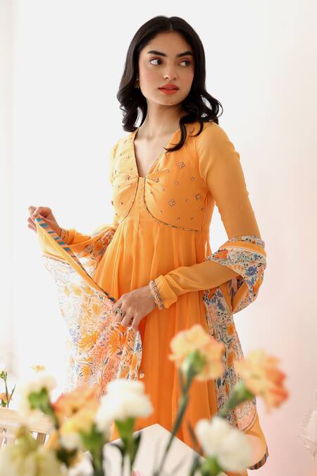 Shop_Baise Gaba_Orange Rayon Sequins, Embroidery V-neck Zesty Yoke Hand Anarkali _Online_at_Aza_Fashions
