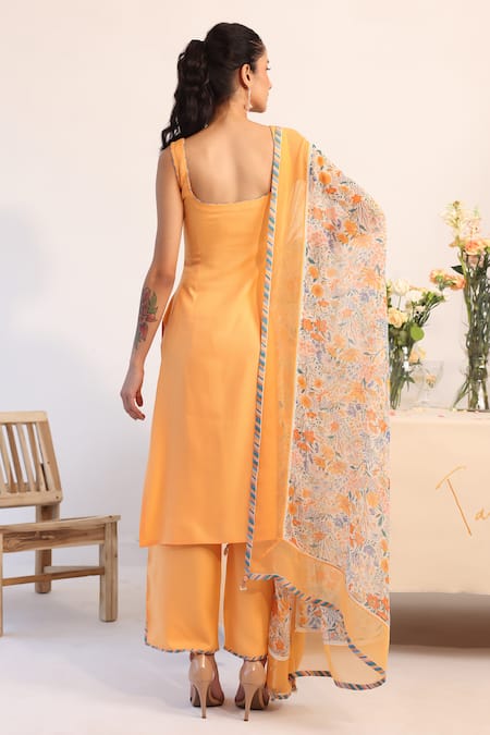 Shop_Baise Gaba_Orange Rayon, Chiffon Embroidery Square Caramel Border Printed Kurta Pant Set _at_Aza_Fashions