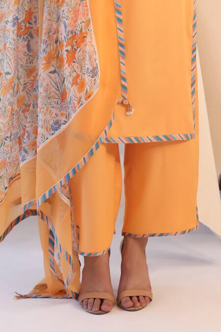 Baise Gaba Orange Rayon, Chiffon Embroidery Square Caramel Border Printed Kurta Pant Set Online at Aza Fashions Baise Gaba_Orange Rayon, Chiffon Embroidery Square Caramel Border Printed Kurta Pant Set _Online_at_Aza_Fashions