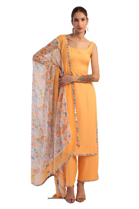 Buy Baise Gaba Orange Rayon, Chiffon Embroidery Square Caramel Border Printed Kurta Pant Set Online at Aza Fashions Buy_Baise Gaba_Orange Rayon, Chiffon Embroidery Square Caramel Border Printed Kurta Pant Set _Online_at_Aza_Fashions