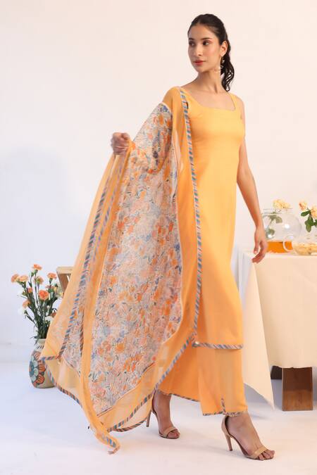 Shop_Baise Gaba_Orange Rayon, Chiffon Embroidery Square Caramel Border Printed Kurta Pant Set _Online_at_Aza_Fashions