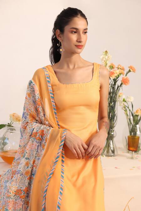 Buy_Baise Gaba_Orange Rayon, Chiffon Embroidery Square Caramel Border Printed Kurta Pant Set 