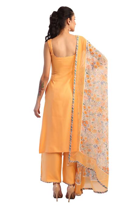 Shop Baise Gaba Orange Rayon, Chiffon Embroidery Square Caramel Border Printed Kurta Pant Set Shop_Baise Gaba_Orange Rayon, Chiffon Embroidery Square Caramel Border Printed Kurta Pant Set