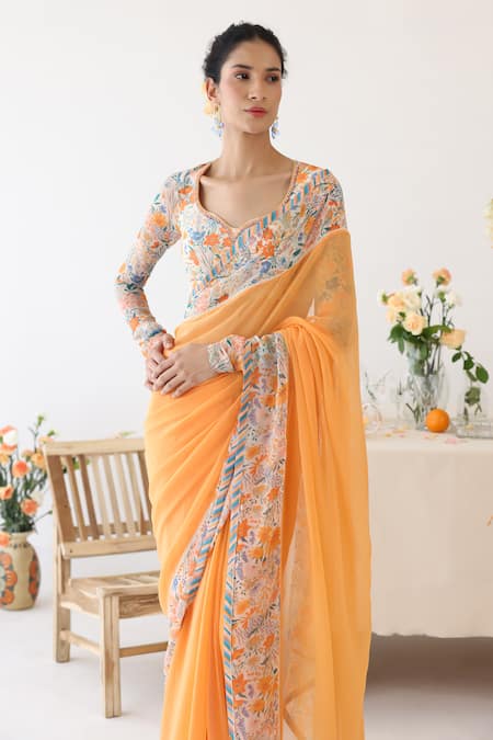 Baise Gaba Orange Chiffon Printed Floral Leaf Neck Tangelo Border Saree With Blouse  2