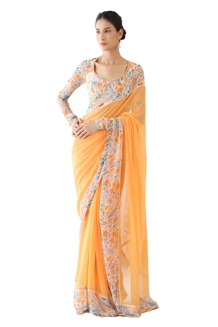 Baise Gaba Orange Chiffon Printed Floral Leaf Neck Tangelo Border Saree With Blouse  3