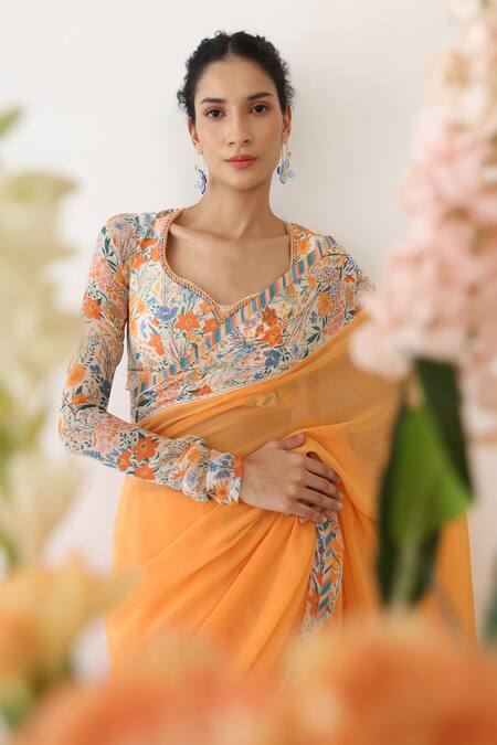 Baise Gaba Orange Chiffon Printed Floral Leaf Neck Tangelo Border Saree With Blouse  5