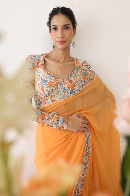 Baise Gaba Orange Chiffon Printed Floral Leaf Neck Tangelo Border Saree With Blouse  6