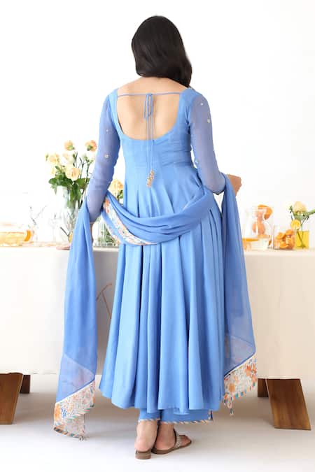 Shop_Baise Gaba_Blue Rayon, Chiffon Sequins, Beads, Embroidery Lagoon Neck Anarkali Pant Set _at_Aza_Fashions