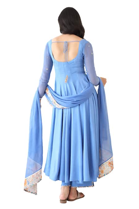 Shop Baise Gaba Blue Rayon, Chiffon Sequins, Beads, Embroidery Lagoon Neck Anarkali Pant Set Shop_Baise Gaba_Blue Rayon, Chiffon Sequins, Beads, Embroidery Lagoon Neck Anarkali Pant Set