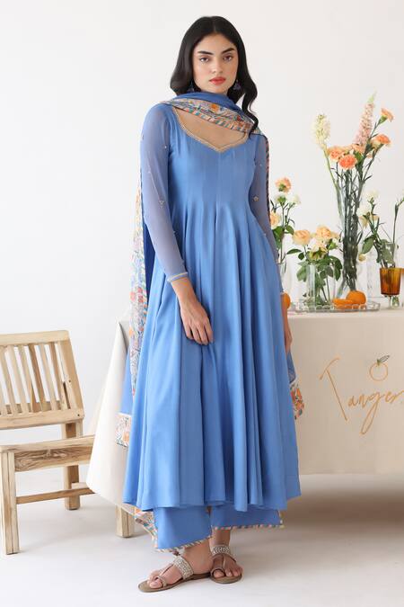 Baise Gaba_Blue Rayon Embroidery, Sequins, Beads Lagoon Neck Anarkali _Online_at_Aza_Fashions