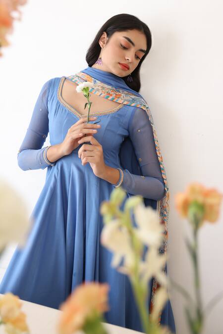 Shop_Baise Gaba_Blue Chiffon Lagoon Border Printed Dupatta_Online_at_Aza_Fashions
