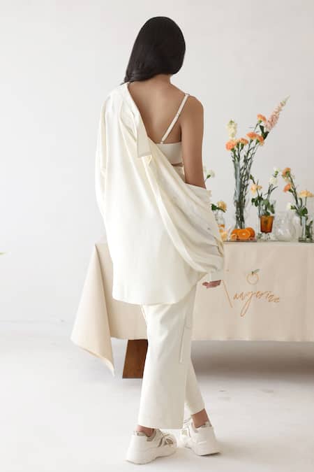 Shop_Baise Gaba_Off White Rayon Embroidery Collared, Flicker Button Oversized Shirt Pant Set _at_Aza_Fashions