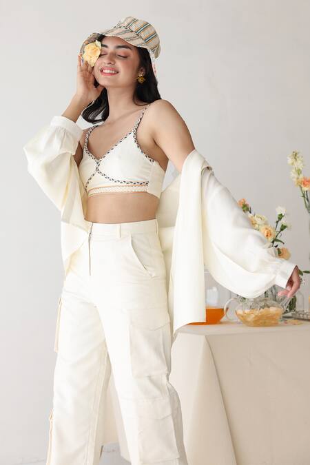 Buy_Baise Gaba_Off White Rayon Embroidery Collared, Flicker Button Oversized Shirt Pant Set _Online_at_Aza_Fashions