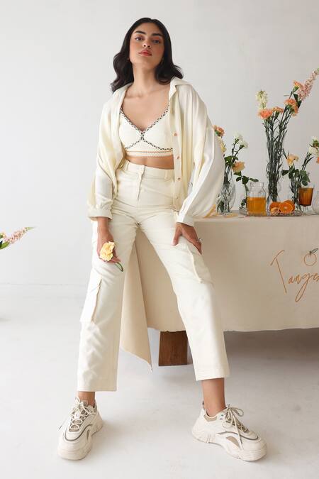 Shop_Baise Gaba_Off White Rayon Embroidery Collared, Flicker Button Oversized Shirt Pant Set _Online_at_Aza_Fashions