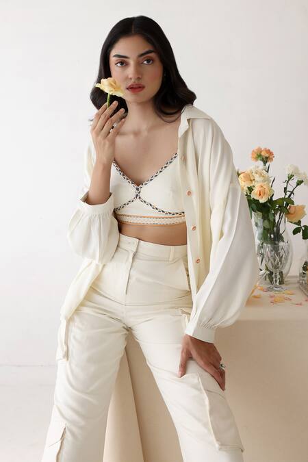 Baise Gaba_Off White Rayon Embroidery Collared, Flicker Button Oversized Shirt Pant Set _at_Aza_Fashions