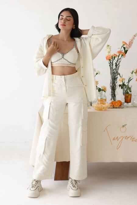 Buy_Baise Gaba_Off White Rayon Embroidery Collared, Flicker Button Oversized Shirt Pant Set 