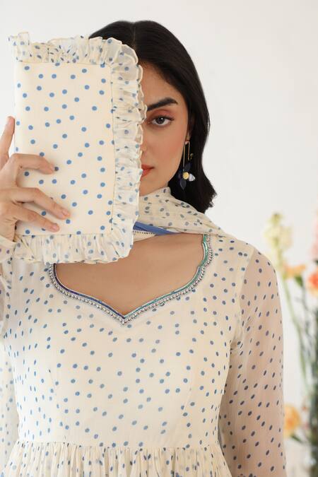 Buy_Baise Gaba_Off White Ruffles Polkapsoh Printed Clutch _Online_at_Aza_Fashions