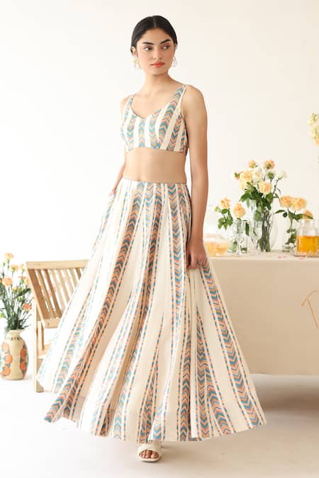 Shop_Baise Gaba_Off White Rayon Boat Neck Spectrum Printed Lehenga With Blouse _Online_at_Aza_Fashions