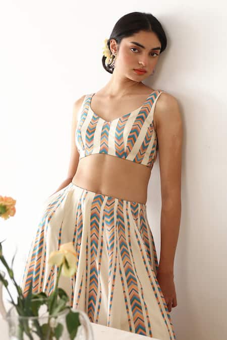 Buy_Baise Gaba_Off White Rayon Boat Neck Spectrum Printed Lehenga With Blouse 