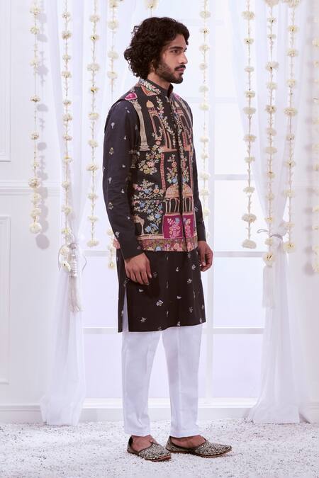 Shop_Taroob_Black Wool Embroidery Kalamkari Bundi And Kurta Set_Online_at_Aza_Fashions