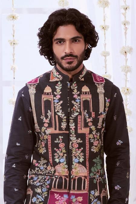 Taroob_Black Wool Embroidery Kalamkari Bundi And Kurta Set_at_Aza_Fashions