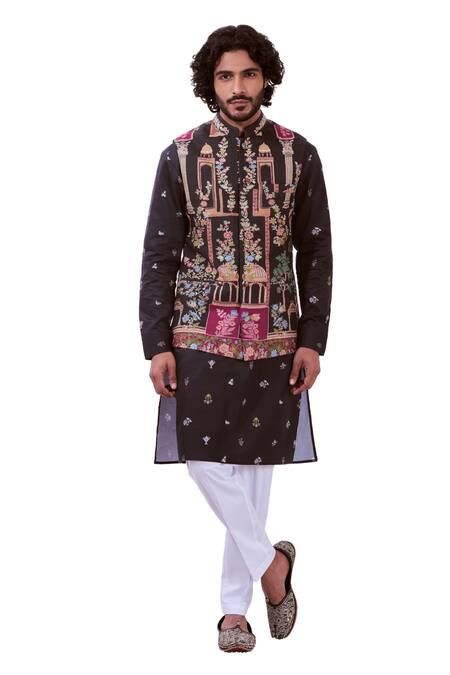 Buy_Taroob_Black Wool Embroidery Kalamkari Bundi And Kurta Set
