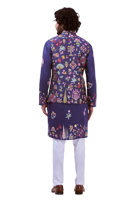 Taroob_Blue Silk Embroidery Kalamkari Bundi And Kurta Set_Online_at_Aza_Fashions