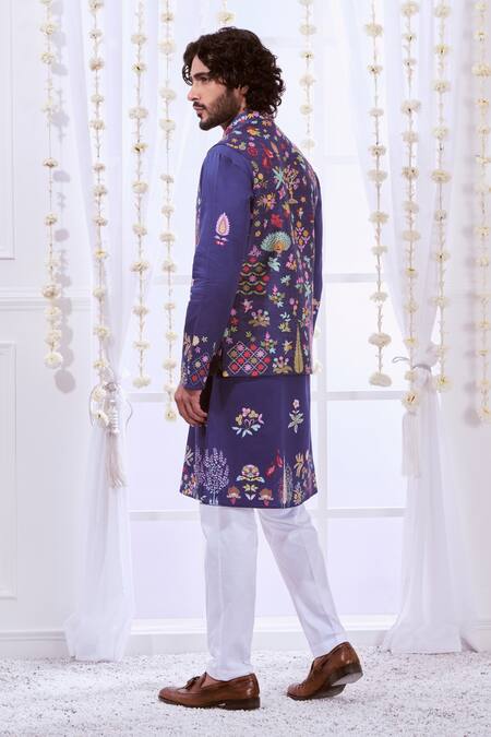 Buy_Taroob_Blue Silk Embroidery Kalamkari Bundi And Kurta Set_Online_at_Aza_Fashions