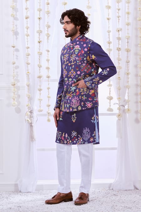 Shop_Taroob_Blue Silk Embroidery Kalamkari Bundi And Kurta Set_Online_at_Aza_Fashions