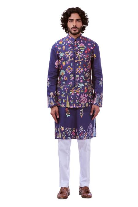 Shop_Taroob_Blue Silk Embroidery Kalamkari Bundi And Kurta Set