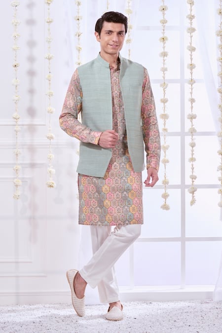 Taroob Silk Bundi & Printed Kurta Set 