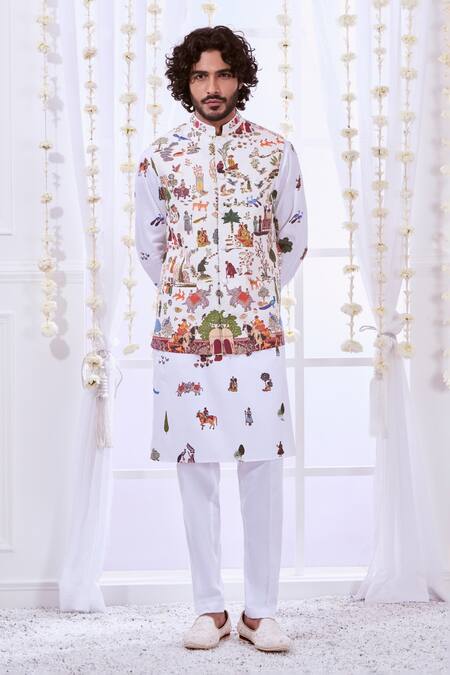 Taroob White Silk Embroidery Mughal Kalamkari Bundi And Kurta Set at Aza Fashions Taroob_White Silk Embroidery Mughal Kalamkari Bundi And Kurta Set_at_Aza_Fashions