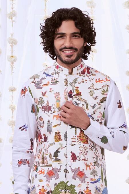 Buy Taroob White Silk Embroidery Mughal Kalamkari Bundi And Kurta Set Buy_Taroob_White Silk Embroidery Mughal Kalamkari Bundi And Kurta Set