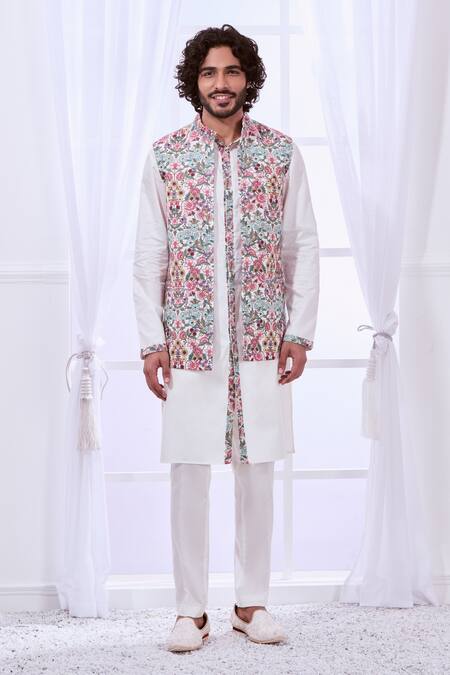 Buy Taroob White Fine Wool Embroidery Thread Floral Bundi And Kurta Set Buy_Taroob_White Fine Wool Embroidery Thread Floral Bundi And Kurta Set