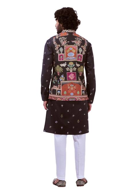 Taroob_Black Wool Embroidery Kalamkari Nehru Jacket_Online_at_Aza_Fashions