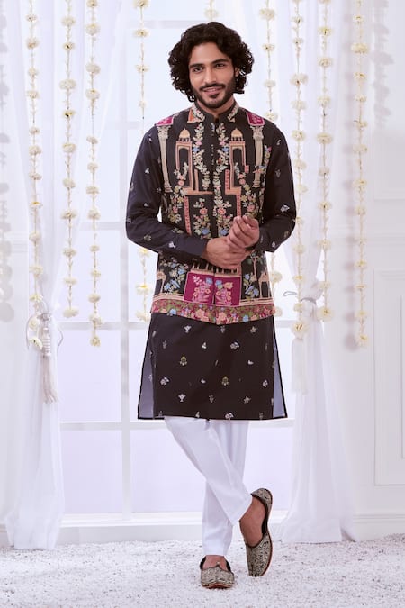 Buy_Taroob_Black Wool Embroidery Kalamkari Nehru Jacket_Online_at_Aza_Fashions