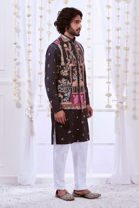 Shop_Taroob_Black Wool Embroidery Kalamkari Nehru Jacket_Online_at_Aza_Fashions