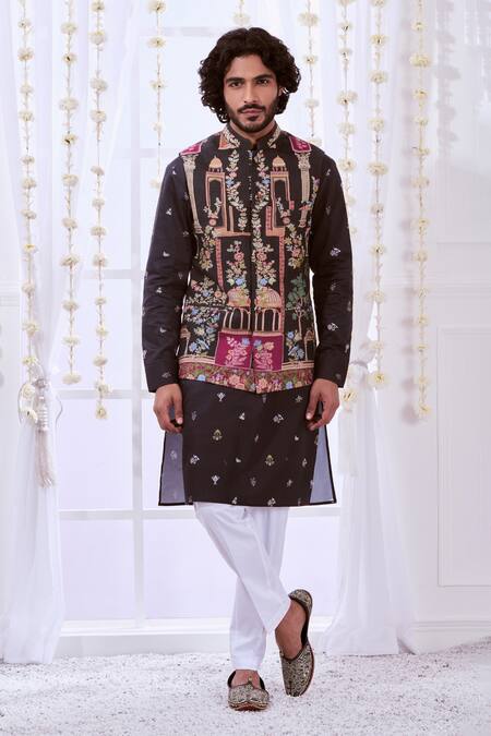 Taroob_Black Wool Embroidery Kalamkari Nehru Jacket_at_Aza_Fashions