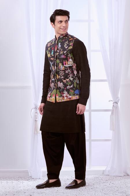 Shop Taroob Black Wool Embroidery Kalamkari Nehru Jacket Online at Aza Fashions Shop_Taroob_Black Wool Embroidery Kalamkari Nehru Jacket_Online_at_Aza_Fashions