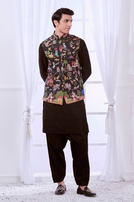 Taroob Black Wool Embroidery Kalamkari Nehru Jacket at Aza Fashions Taroob_Black Wool Embroidery Kalamkari Nehru Jacket_at_Aza_Fashions