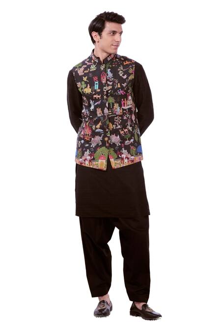 Buy Taroob Black Wool Embroidery Kalamkari Nehru Jacket Buy_Taroob_Black Wool Embroidery Kalamkari Nehru Jacket