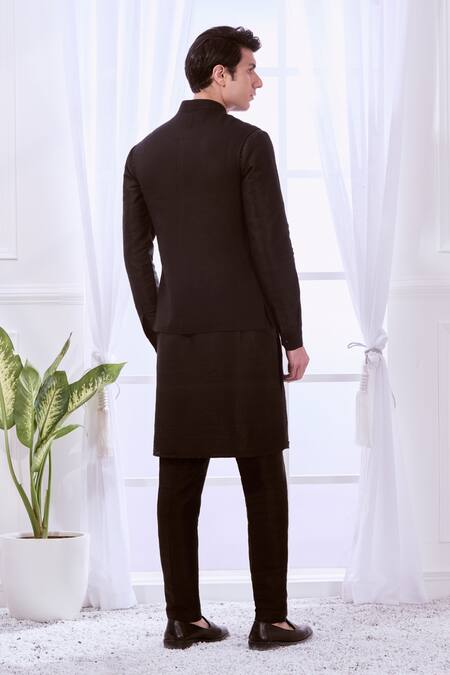 Shop_Taroob_Black Wool Mandarin Collar Nehru Jacket _at_Aza_Fashions