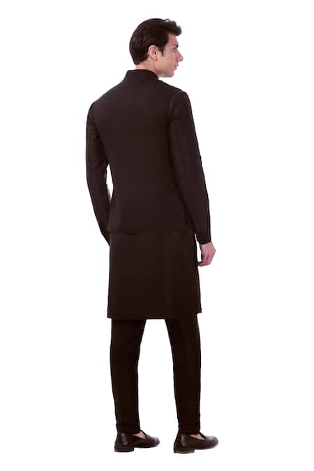 Taroob_Black Wool Mandarin Collar Nehru Jacket _Online_at_Aza_Fashions