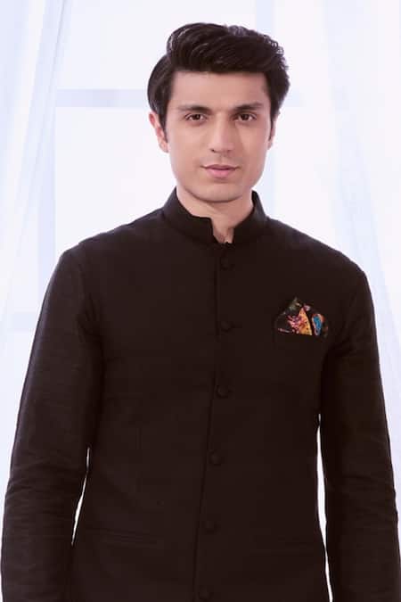 Buy_Taroob_Black Wool Mandarin Collar Nehru Jacket _Online_at_Aza_Fashions